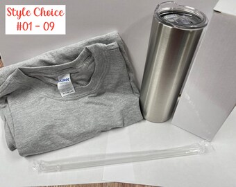A) DIY/Home Boxes= (1) Blank Grey T-Shirt,(1) Blank 20oz Tumbler,(1) Vinyl Tumbler Wrap,(2) 1 oz Glitters, (1) HTV Vinyl (DECAL)you press