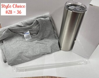 D) DIY/Home Boxes= (1) Blank Grey T-Shirt,(1) Blank 20oz Tumbler,(1) Vinyl Tumbler Wrap,(2) 1 oz Glitters, (1) HTV Vinyl (DECAL)you press