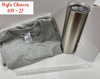 C) DIY/Home Boxes= (1) Blank Grey T-Shirt,(1) Blank 20oz Tumbler,(1) Vinyl Tumbler Wrap,(2) 1 oz Glitters, (1) HTV Vinyl (DECAL)you press