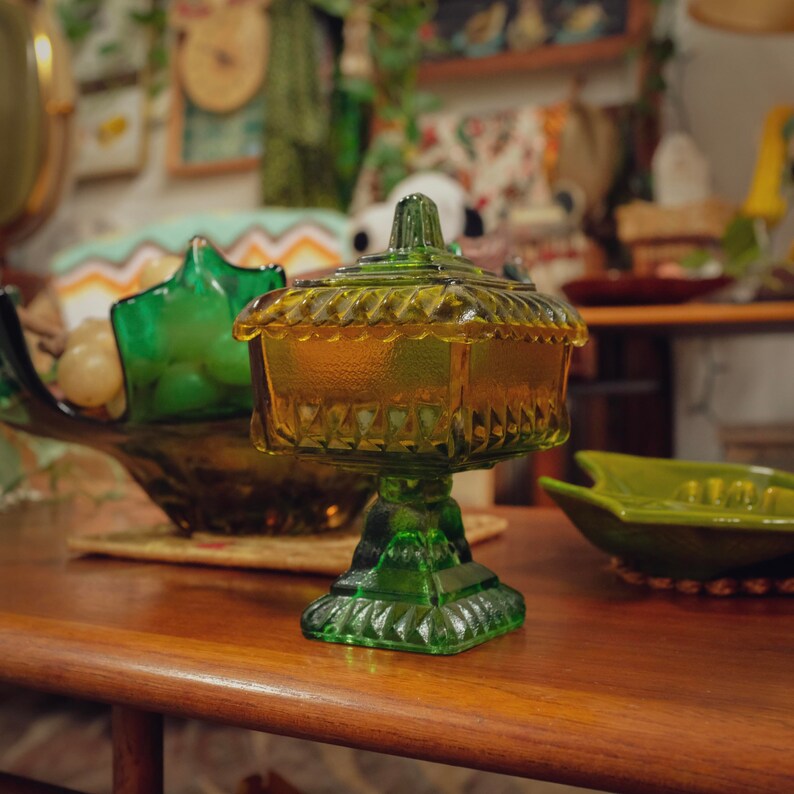 Vintage Two Tone Green Glass Candy Dish With Lid Catchall Etsy