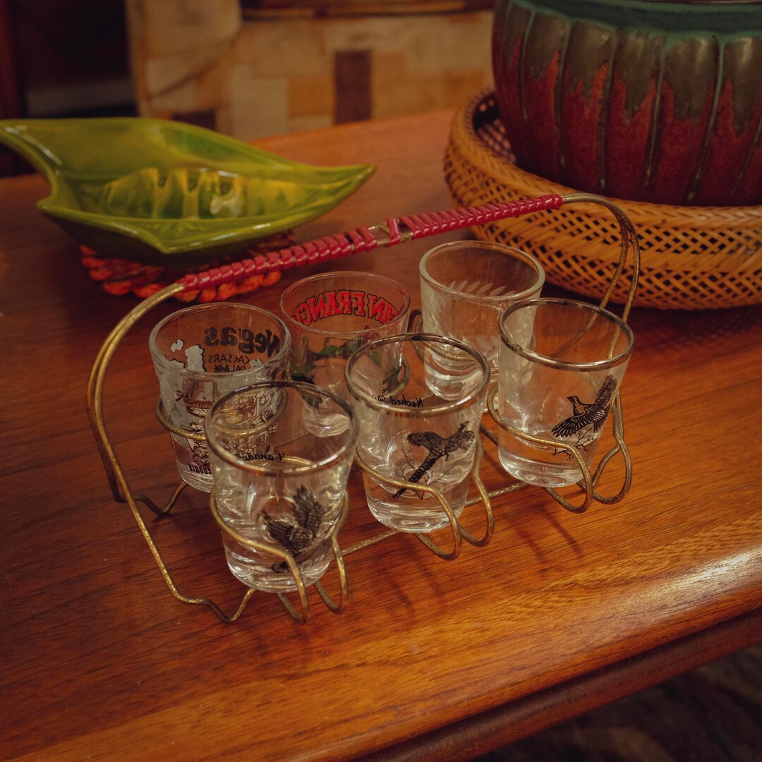 Vintage Shot Glass Caddy With 6 Shot Glasses 3 Wild Birds Etsy