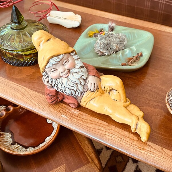 Vintage Ceramic Gnome - Lounging Gnome - Nice Colors - 12”  Hand Painted - Yellow - 1981