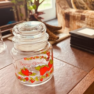 1980 Vintage Glass Canister with Top - &quot;Berry Good&quot; - Strawberries - Great Storage