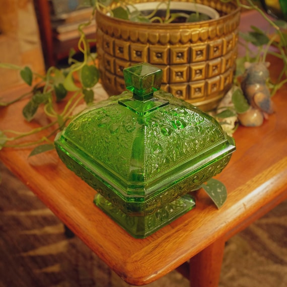 Vintage Green Glass Candy Dish With Lid & Filagree Detail Etsy