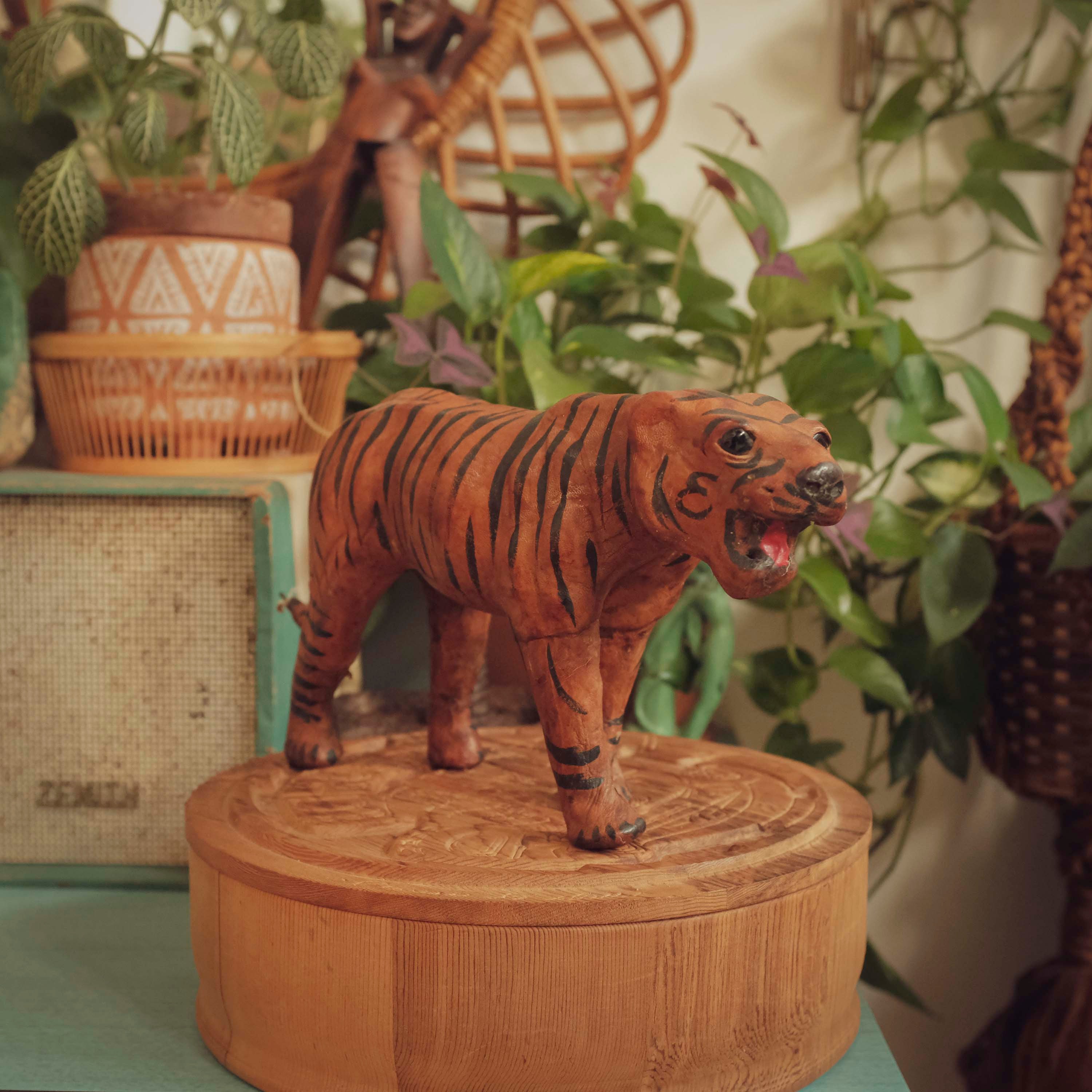 Vintage Large Leather Wrapped Whimsical Tiger Decorative Statue