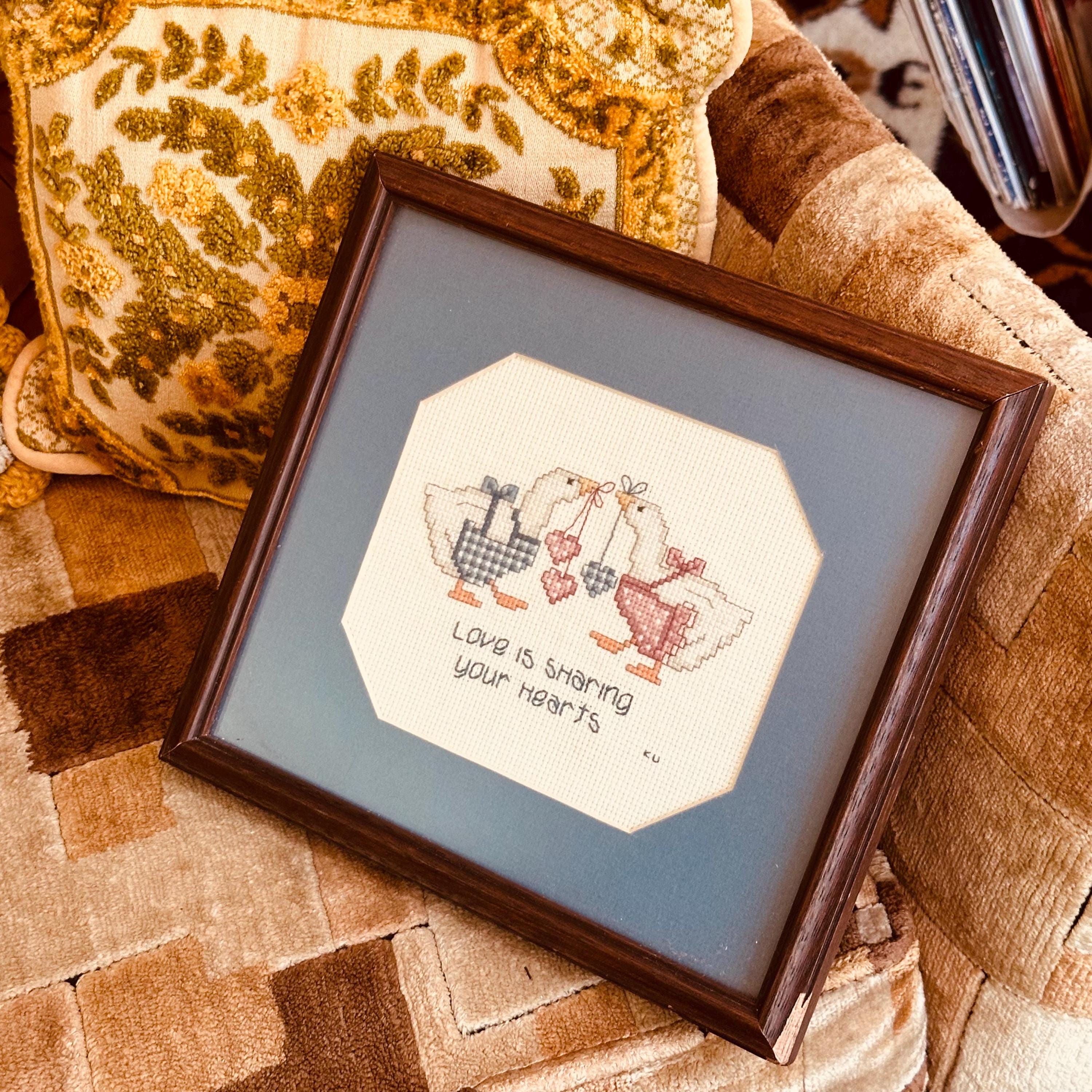 Vintage Framed Embroidery Adorabel “Love is Sharing Your Hearts” Ducks & Hearts - 10” x 9” - Embroidery Art