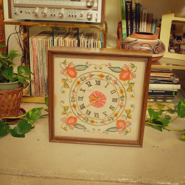 Epic Vintage Framed Clock Crewel Wall Art - 16 X 20 - Wall Decor - Floral Decorative Moriff