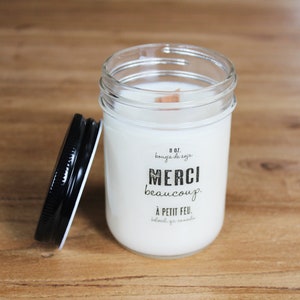 soy candle in a rustic jar, french message thank you, merci beaucoup