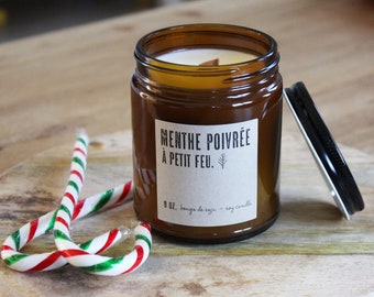 Menthe poivrée ( pepermint )  soy candle - amber jar 9oz. wooden wick