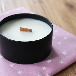 soy wax black tin candle with crackling wooden wick, blackberry sage, scented candle, gift for her image 1