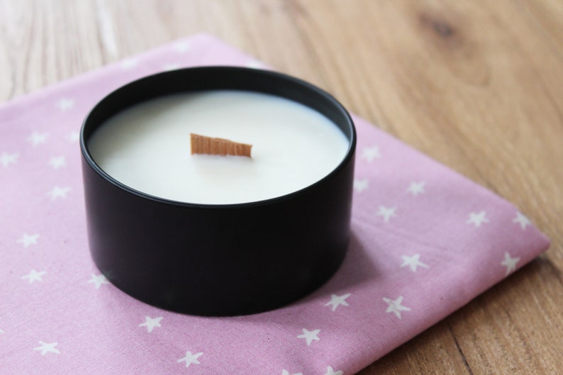 soy wax black tin candle with crackling wooden wick, blackberry sage, scented candle, gift for her image 1