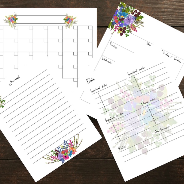 Planner printable, 2020 planner, journal, planner pages, calendar, daily planner, daily organization, planner inserts, watercolor floral