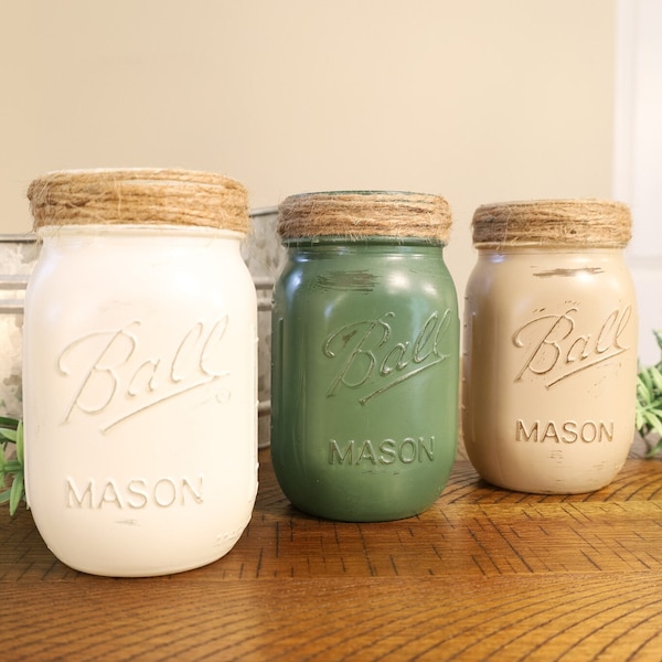 Farmhouse Painted Mason Jar Collection | Vintage Home Decor | Rustic Home Decor | Farmhouse Home Decor | Indoor Plant Vase | White Green Tan