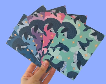 Whale colourful A6 prints / Positive Postcards / A6 Wall Decor prints / pack of 5 cute Whale postcards / cute hand drawn notecards