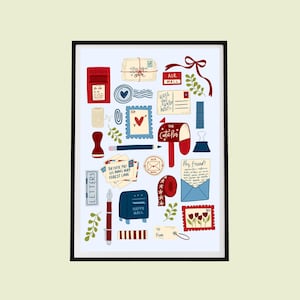 May include: A framed art print featuring a collection of postal-themed illustrations including red mailboxes, envelopes, stamps, a fountain pen, a pencil, and decorative tape. The text includes "POSTBOX," "AIR MAIL," "Wish you were here," "The Cutie Pies," "LETTERS," "Hey, Friend!," and "HAPPY MAIL."
