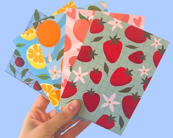 Mixed fruit colourful A6 prints / Positive Postcards / A6 Wall Decor prints / pack of 5 cute postcards / cute hand drawn notecards