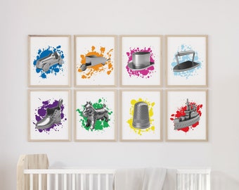 Monopoly Token Splatter Print Set, Monopoly Game Piece Poster Pack. Monopoly Kids Wall Art