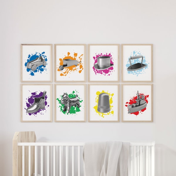 Monopoly Token Splatter Print Set, Monopoly Game Piece Poster Pack. Monopoly Kids Wall Art