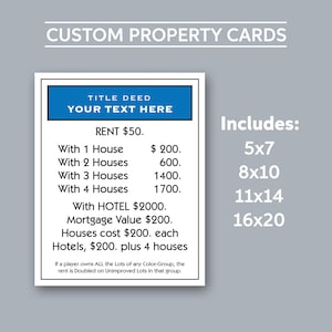 Może przedstawiać: Wzorzec karty własności w stylu gry Monopoly, kt&oacute;ry można dostosować. Karta zawiera niebieski pasek tytułowy z tekstem "TITLE DEED" i "YOUR TEXT HERE". Karta zawiera r&oacute;wnież tabelę czynsz&oacute;w z cenami za domy i hotel. Tekst "Includes:" jest wymieniony w następujących rozmiarach: 5x7, 8x10, 11x14 i 16x20.