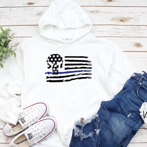 Skull Distressed Thin Blue Line Flag Horizontal Unisex Hoodie | Thin Blue Line Sweatshirt | Support Police | Officers First Responders