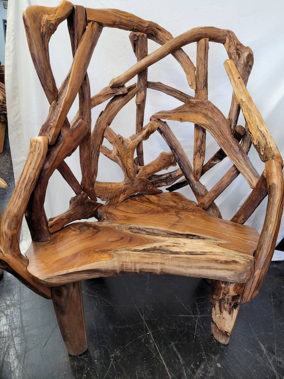Rustic Root Wooden Bench Chair Seating Loveseat Indoor Raw Outdoor