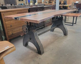 Live Edge Acacia or Monkeypod Wood Dining Table, Crank Base industrial style.