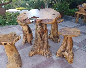 Teak root table and four stools24”Counter height 36”