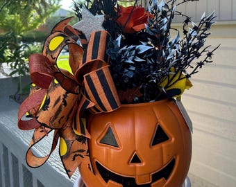 Halloween Pumpkin Floral Centerpiece | Jack O Lantern Arrangement | Spooky Home Decor