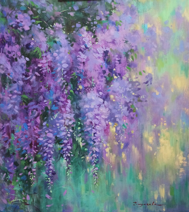 Impressionistic oil painting Wisteria Floral motifes Oil art Oil on canvas Modern painting fine art Acrylic painting