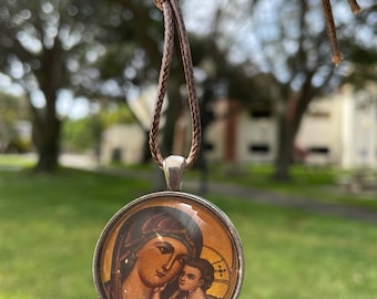 Virgin Mary Icon Pendant: Orthodox Car Rear View Mirror Charm