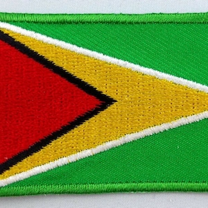 May include: An embroidered patch featuring the flag of Guyana. The flag is green with a yellow and red triangle in the upper left corner.