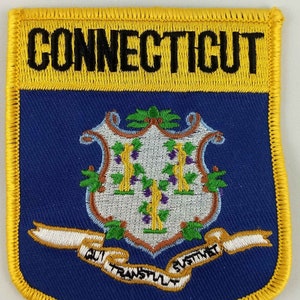 Può includere: Una toppa ricamata blu e gialla con il sigillo dello stato del Connecticut e il testo "CONNECTICUT".