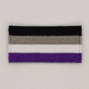 May include: An asexual pride flag patch with black, grey, white, and purple stripes.