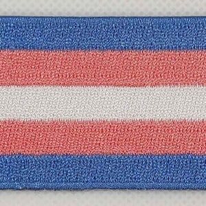 Può includere: Una toppa di tessuto a strisce blu, rosa e bianco. La toppa è realizzata in tessuto tessuto e ha un bordo cucito.