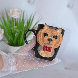 coffee mug 3d portrait of a pet on a mug.Ceramic cup.Portrait of a dog.Polymer clay,Yorkshire Terrier