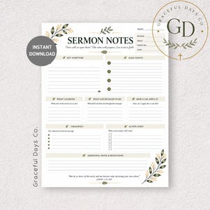 May include: A white sermon notes template featuring green and gold leaf illustrations. The page includes sections for date, speaker, scripture, main points, takeaways, and action steps, with the text "But be ye doers of the word" at the bottom.