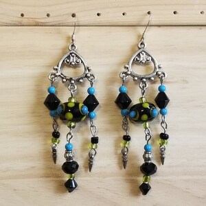 Earrings, Handmade, Boho, lampwork bead earrings, chandelier earrings, black blue and green lampwork earrings, mother&#39;s day, gift