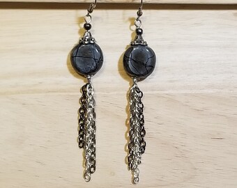 earrings, Silver and black earrings, Crackle glass earrings. chain, Womens jewelry gift idea