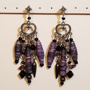 Chandaleir earrings, handmade boho earrings, amethyst, paper bead earrings, 3 1/4 inch long,  womens jewelry, purple, mother&#39;s day gift