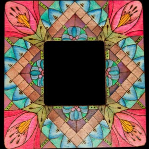 Frame, colorful hand painted and stained, burnt wood, original designs, photo frame, boho, deco,  nouveau, rustic