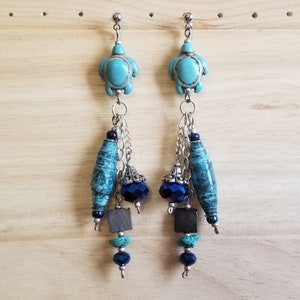 Earrings, Turquoise, handmade, paper bead, dangle earrings, silver chain turquoise chips, turtle, metal beads 3.5 inch, mother&#39;s day