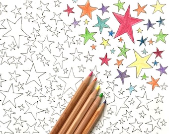 Stars Coloring Page Color Collage Pen Ink | Printable Download JPG