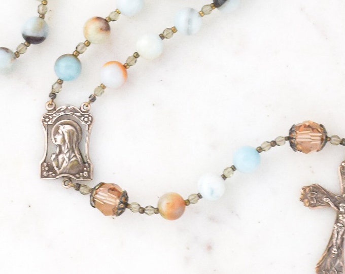 Our Lady of the Lilies Catholic Rosary in Amazonite and Swarovski Crystal  - Rosary - Confirmation Gift - Catholic Gift - First Communion
