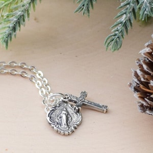 Sterling Silver Miraculous Medal With Crucifix Pendant and Chain with Optional Swarovski Birthstone - Dainty Necklace - Mary Medal