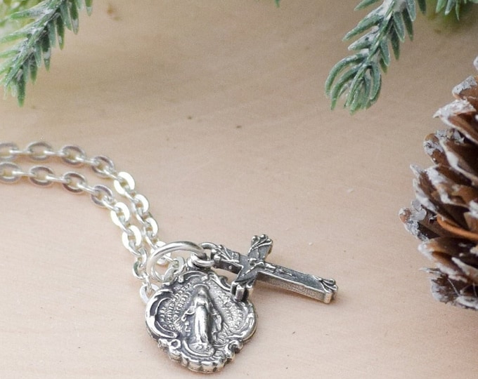 Sterling Silver Miraculous Medal With Crucifix Pendant and Chain with Optional Swarovski Birthstone - Dainty Necklace - Mary Medal
