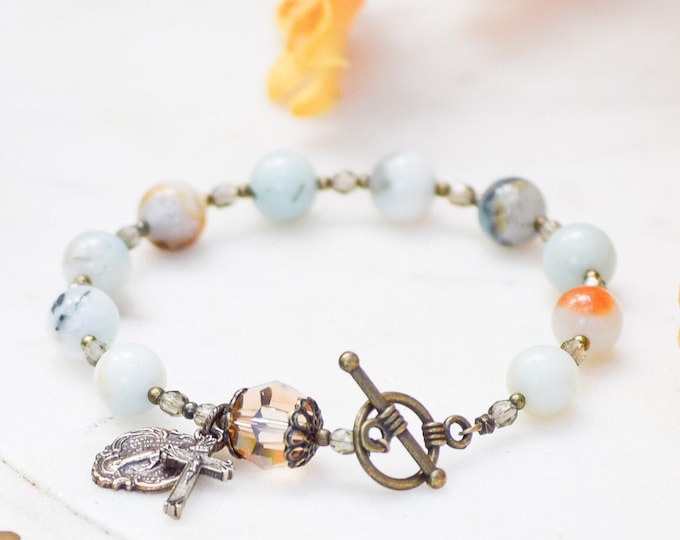 Rosary Bracelet in Amazonite with Miraculous Medal and Crucifix - Catholic Bracelet - Catholic Rosary - Confirmation Gift - Handmade Rosary