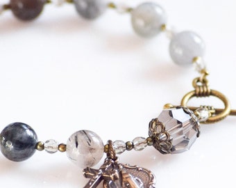 Rosary Bracelet in Blue-Gray Quartz and Crystal - Miraculous Medal Bracelet - Catholic Rosary - Confirmation Gift - Handmade Rosary