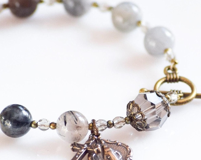 Rosary Bracelet in Blue-Gray Quartz and Crystal - Miraculous Medal Bracelet - Catholic Rosary - Confirmation Gift - Handmade Rosary