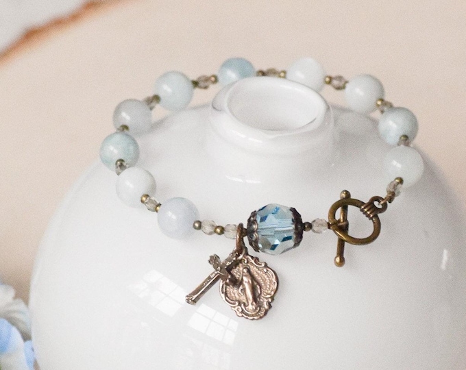 Rosary Bracelet in Aquamarine and Swarovski Crystal - Miraculous Medal Bracelet - Catholic Rosary - Confirmation Gift - Handmade Rosary