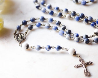 Our Lady of Guadalupe Rosary: Sodalite & Riverstone Beads, Bronze Crucifix